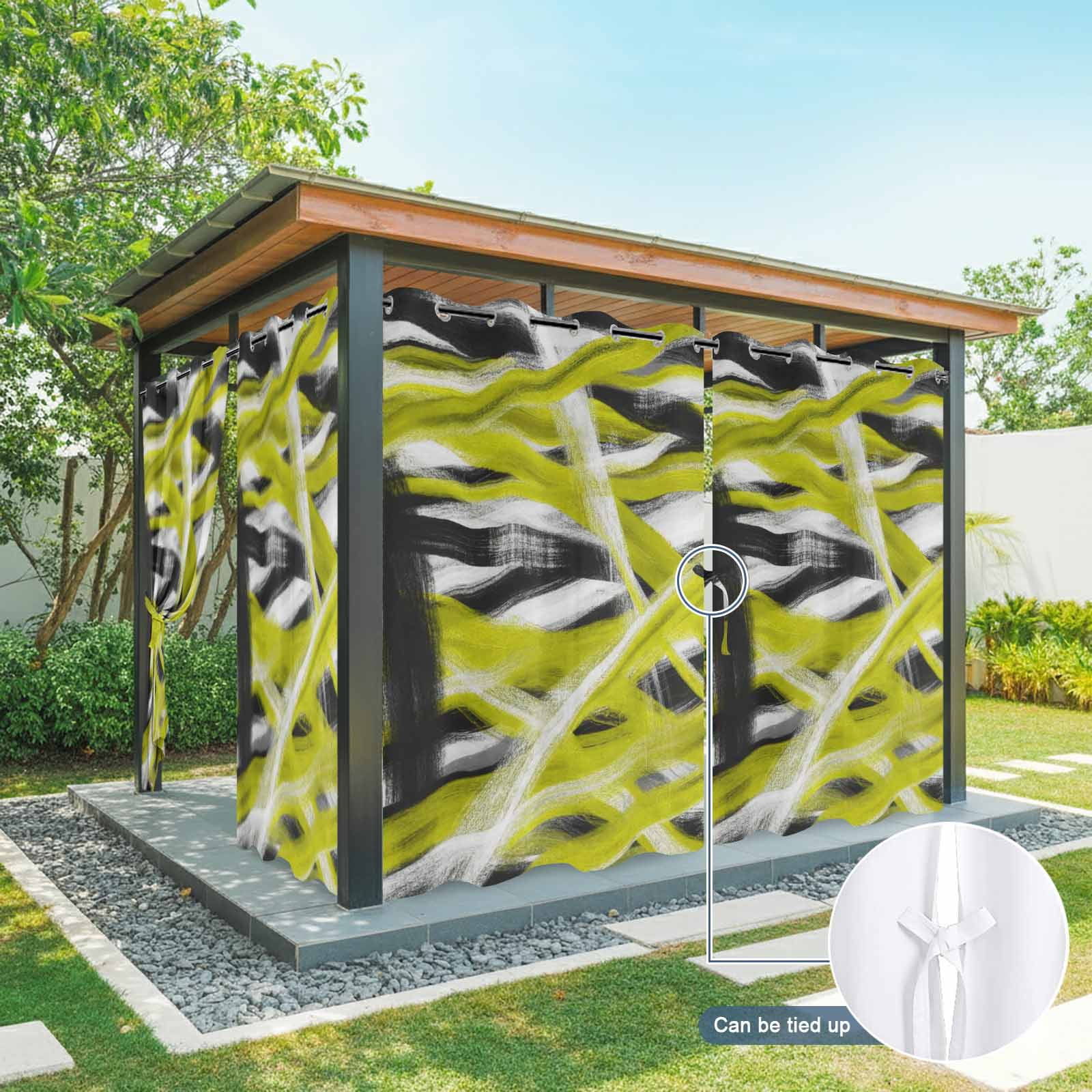 Abstract Yellow Waves Outdoor Curtains for Patio, Modern Minimalist Yellow Black White Crossed Lines Sunshade Privacy Drapes Grommet Waterproof Outside Curtains for Porch Balcony 54"x108", 1 Panel