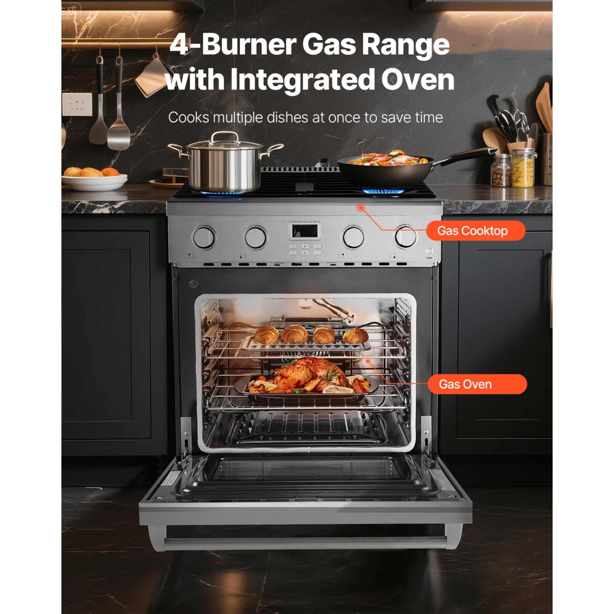KFFKFF 30-Inch Freestanding Gas Range Oven, Stainless Steel Stove with 4 Sealed Burners, Convenient Racks, Halogen Light, 4.8 Cu. Ft. Capacity, Ideal for RVs, Apartments, and Mobile Homes