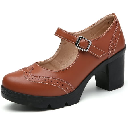 

DADAWEN Chunky Mid-Heel Platform Mary Jane Pumps for Women Square Toe Oxfords Dress Shoes Brown 9 US