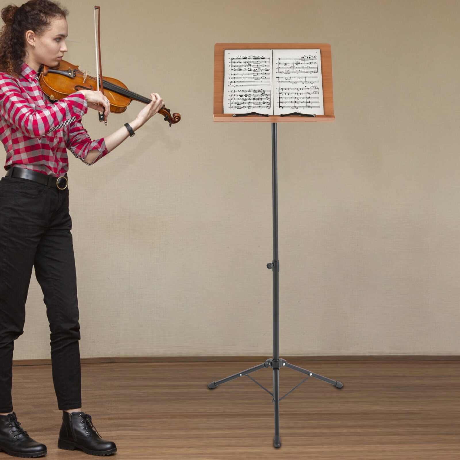 Height Adjustable Bamboo Conductor Music Stand, Foldable, with Wide Wooden Bookplate (Liftable 70-190 cm)