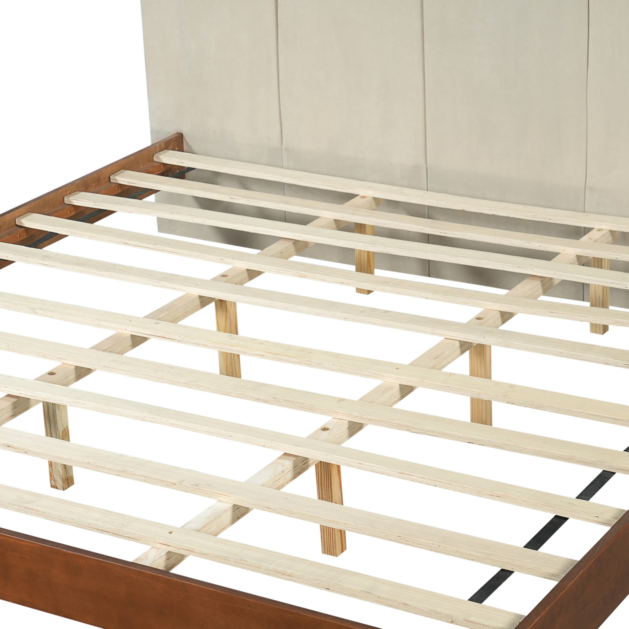 Christopher Knight Home King Platform Bed Frame with Channel Upholstered Headboard, Walnut+Beige