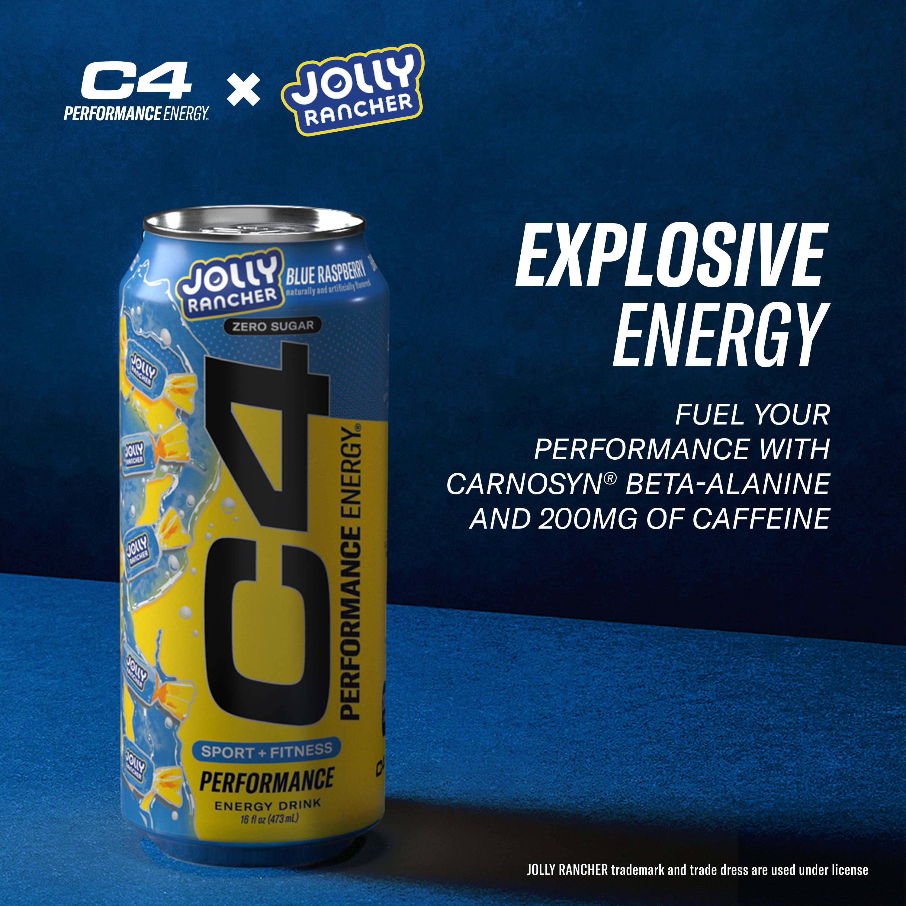 C4 Performance Energy Drink, Jolly Rancher Blue Razz Flavor, Zero Sugar, Carbonated, 16 fl oz Can (12 Pack)
