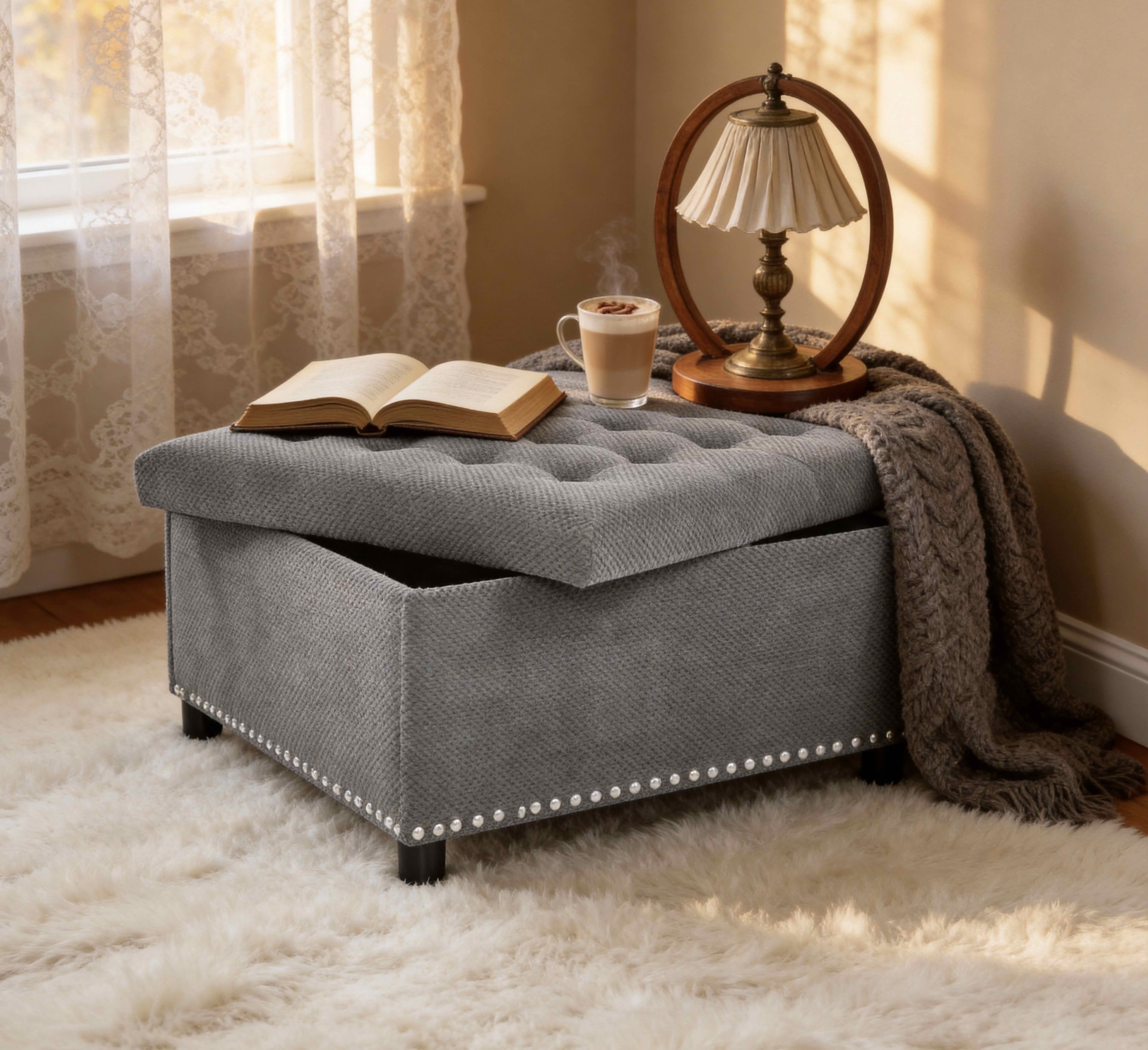 MAYEERTY 30 In Storage Ottoman, Tufted Footstool, Nailhead Trim, Square Ottoman, Light Gray