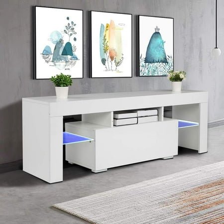 White TV Stand for Living Room, Modern TV Stand with LED Light, TV Cabinet Media Storage Console Table Bedroom Furniture with Drawer and Shelves, Universal TV Stand High-Gloss for Home, Q15699