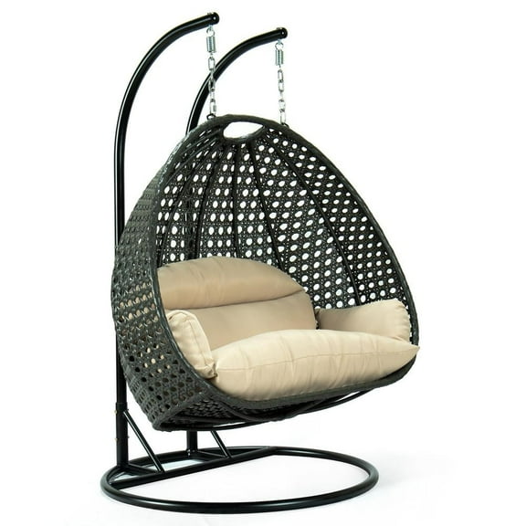 LeisureMod 2 Person Wicker Egg Chair Outdoor Indoor Bedroom Patio Hanging Lounge Swing Hammock Chairs with Black Stand and UV Resistant Cushions (Beige)