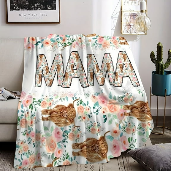 Vintage Animal-Themed Mama Soft Fleece Throw Blanket, Farmhouse Style Floral and Highland Cow Print, Cozy Knitted Polyester Flannel Blanket for Animal Lovers, All-Season Gift - Multiple Sizes