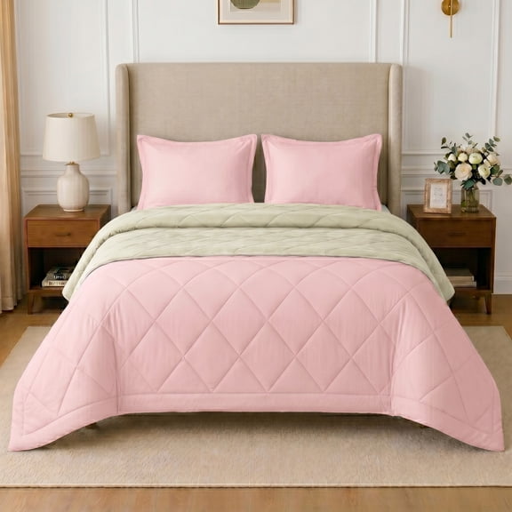 Loomsnest 3-Piece Full/Queen Comforter Set, All Season Duvet Insert, Soft, Lightweight, Diamond Stitched, Reversible Down Alternative Comforter (Pink & Beige)