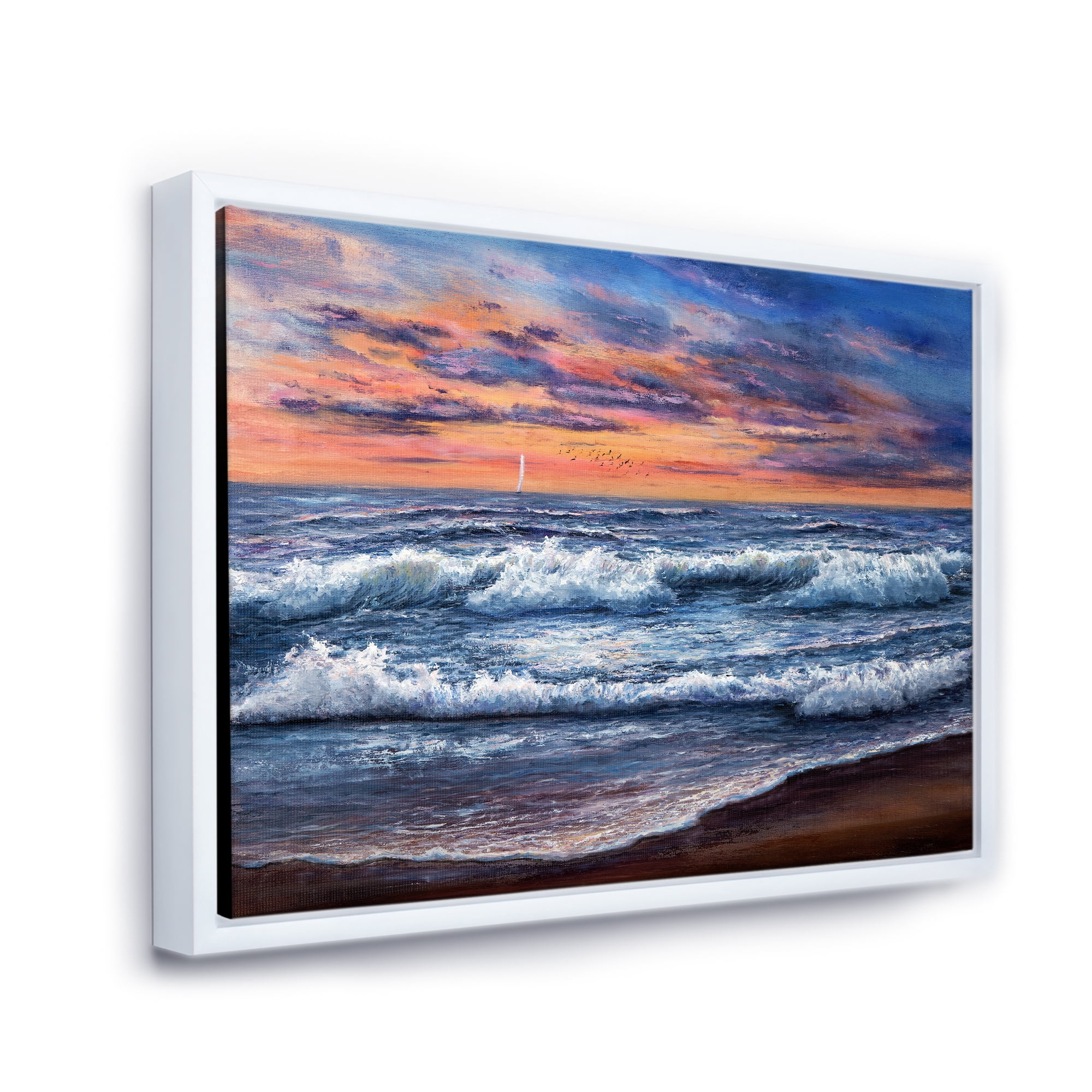 Designart 'The Blue Ocean In Sunset Evening II' Nautical & Coastal Framed Canvas Wall Art Print