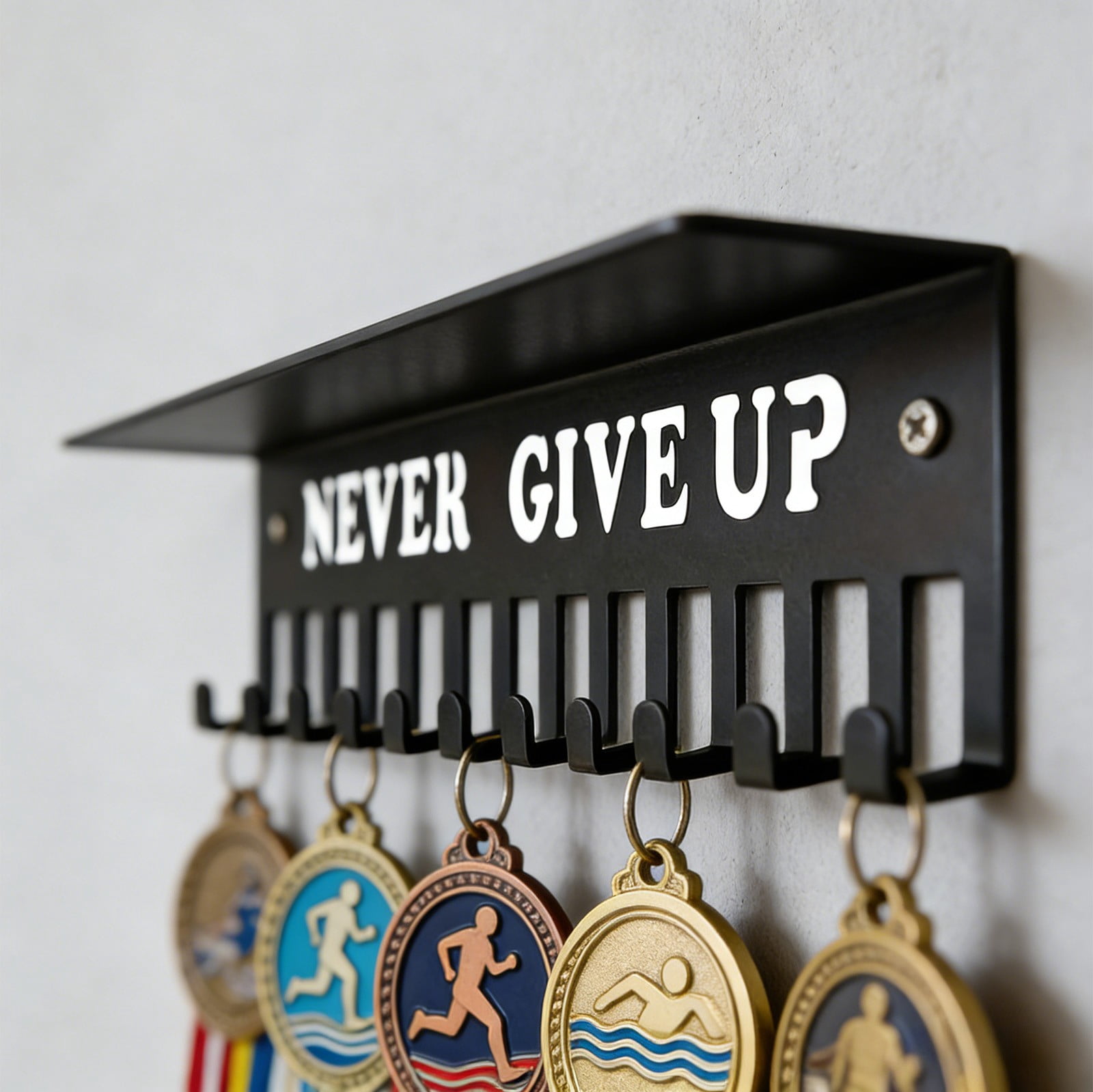 Medal Hanger Display Rack with Trophy Shelf,Metal Awards Rack for Walls Holds 64+ Sports Medals，For Medals Metal Wall Mount Medals