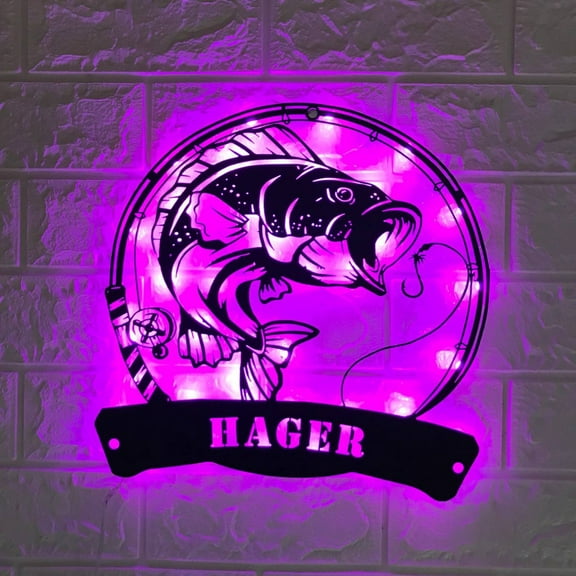 Handmadetneonsign Custom Bass Fishing Metal Wall Art LED Light - Personalized Fisher Name Sign Home