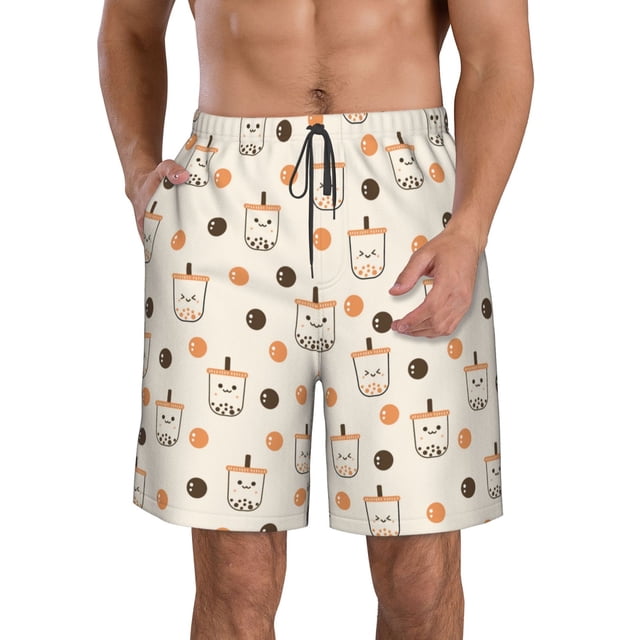 Balery Boba Milk Tea Traje de Baño Estilo Hawaiano para Hombre, Shorts de Secado Rápido con Bolsillos-Small