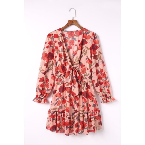ABPHQTO Mini vestido rojo con cuello en V y manga farol anudado en niveles para mujer