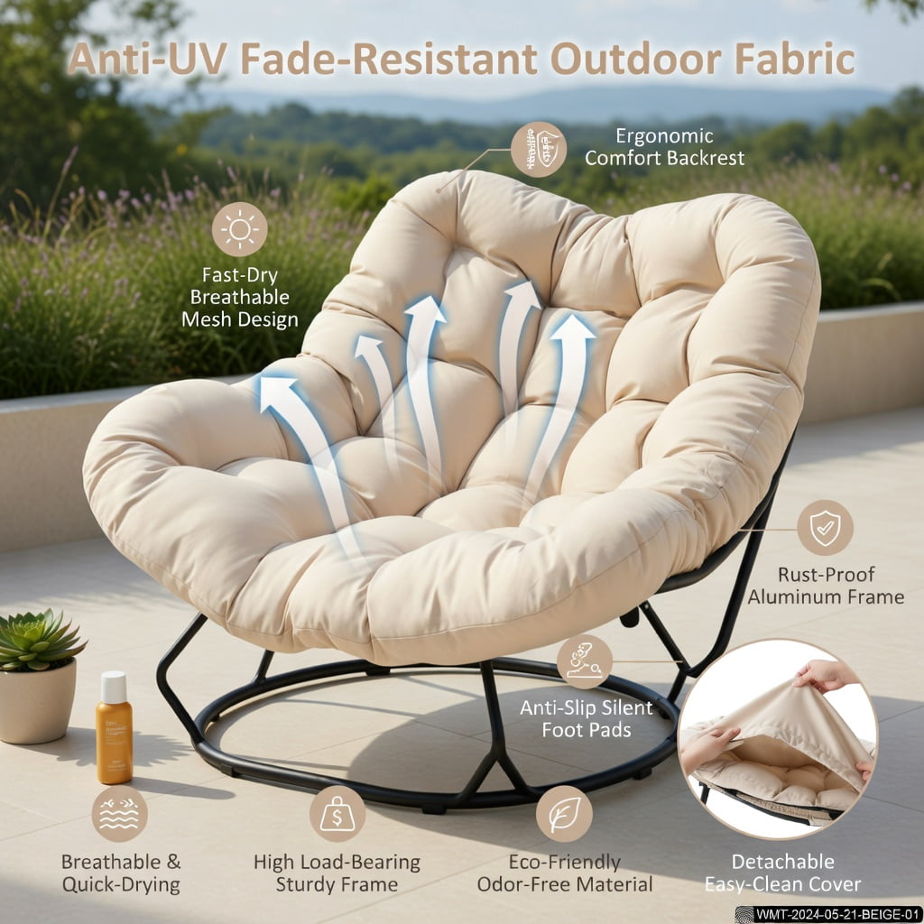 Hommoo Oversized Egg Papasan Rocking Chair with Thick Padded Cushion & Black Powder-Coated Metal Frame, Indoor/Outdoor Patio, Porch, Poolside Seating, Beige