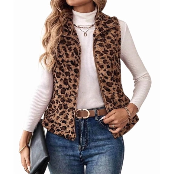 Women Vest Sleeveless Fleece Jackets Zip Up Fall Winter Coats with Pockets Brown XL