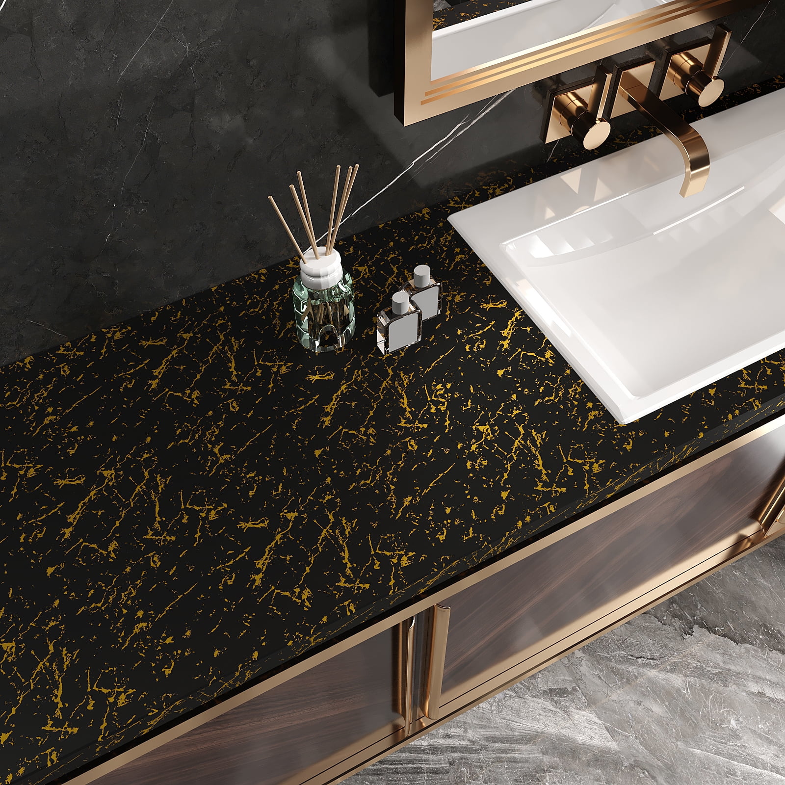 VEELIKE Black Gold Marble Contact Paper for Countertops Waterproof Marble Wallpaper Peel and Stick Countertops for Kitchen Bathroom 15.7''x118'' Black Counter Top Covers Laminate Sheet for Table Wall
