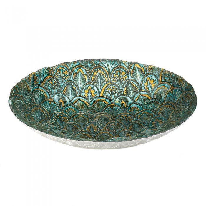 Large 15" glass teal blue green gold peacock feather candle plate fruit bowl 