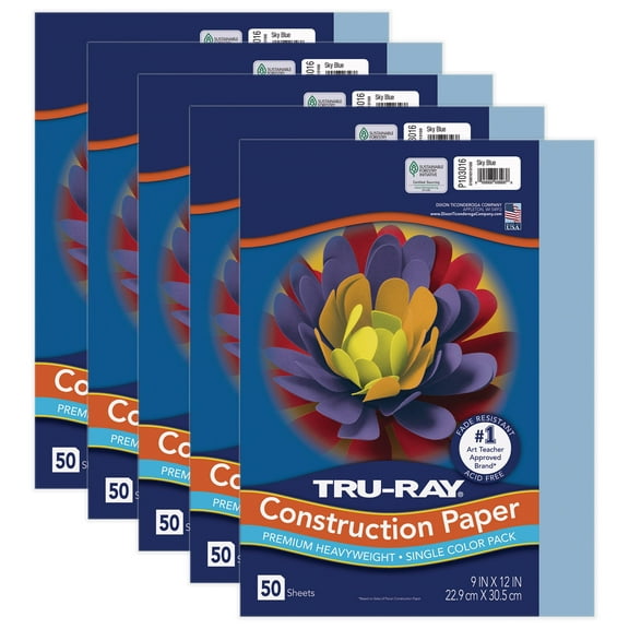 Tru-Ray Construction Paper, Heavyweight, Sky Blue, 9" x 12", 50 Sheets Per Pack, 5 Packs