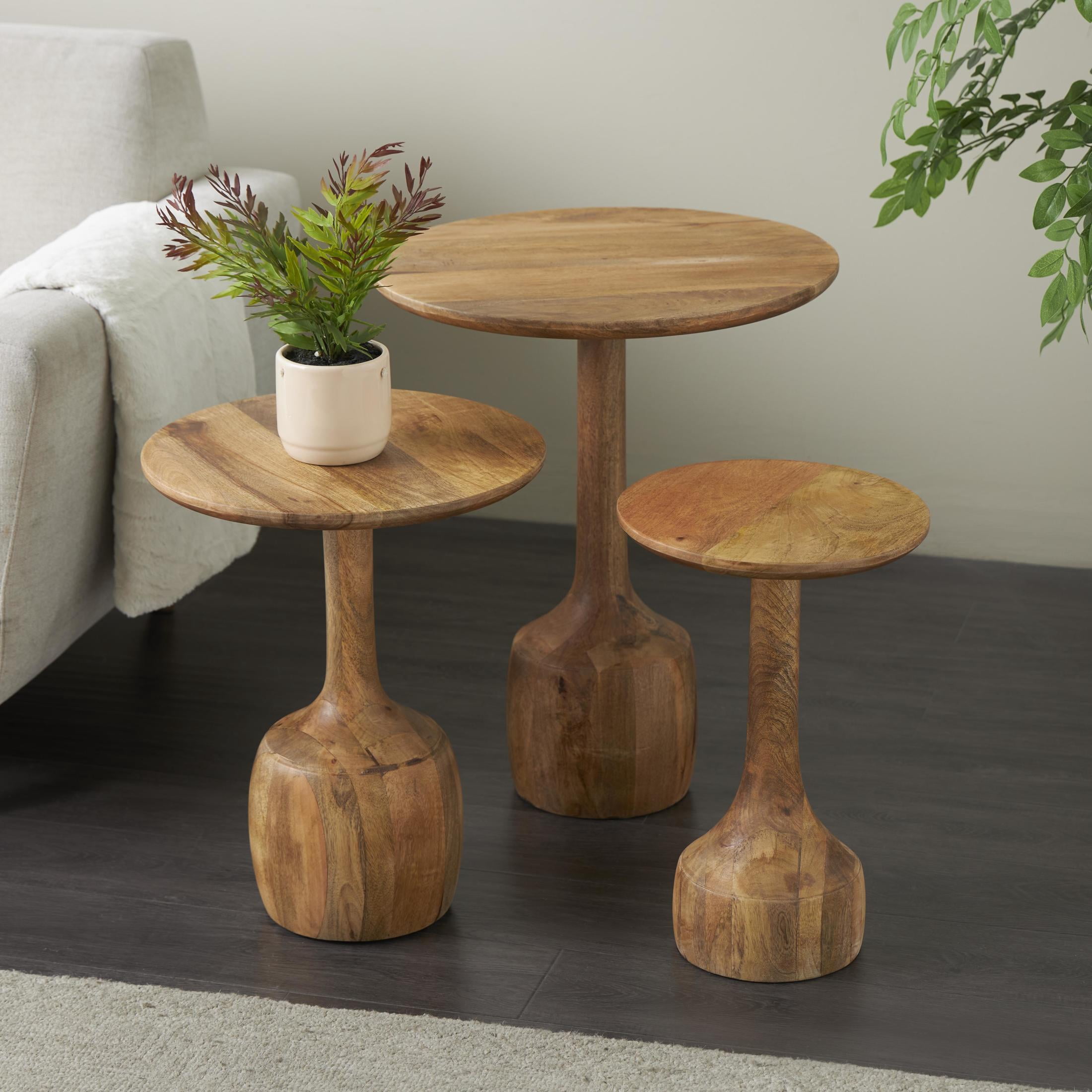 DecMode 12" x 16" Brown Mango Wood Handmade Accent Table with Elevated Bases, 3-Pieces