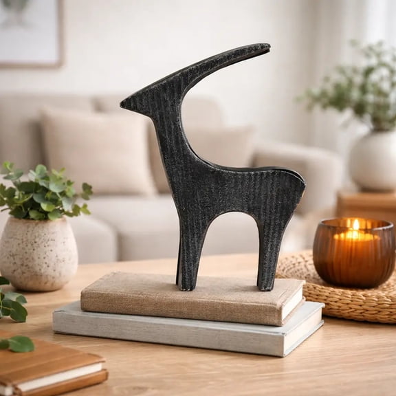 Expobazaar Black Ribbed Deer Sculpture | Contemporary Aluminum Table Décor Animal Figurine | 7X1.5X7"