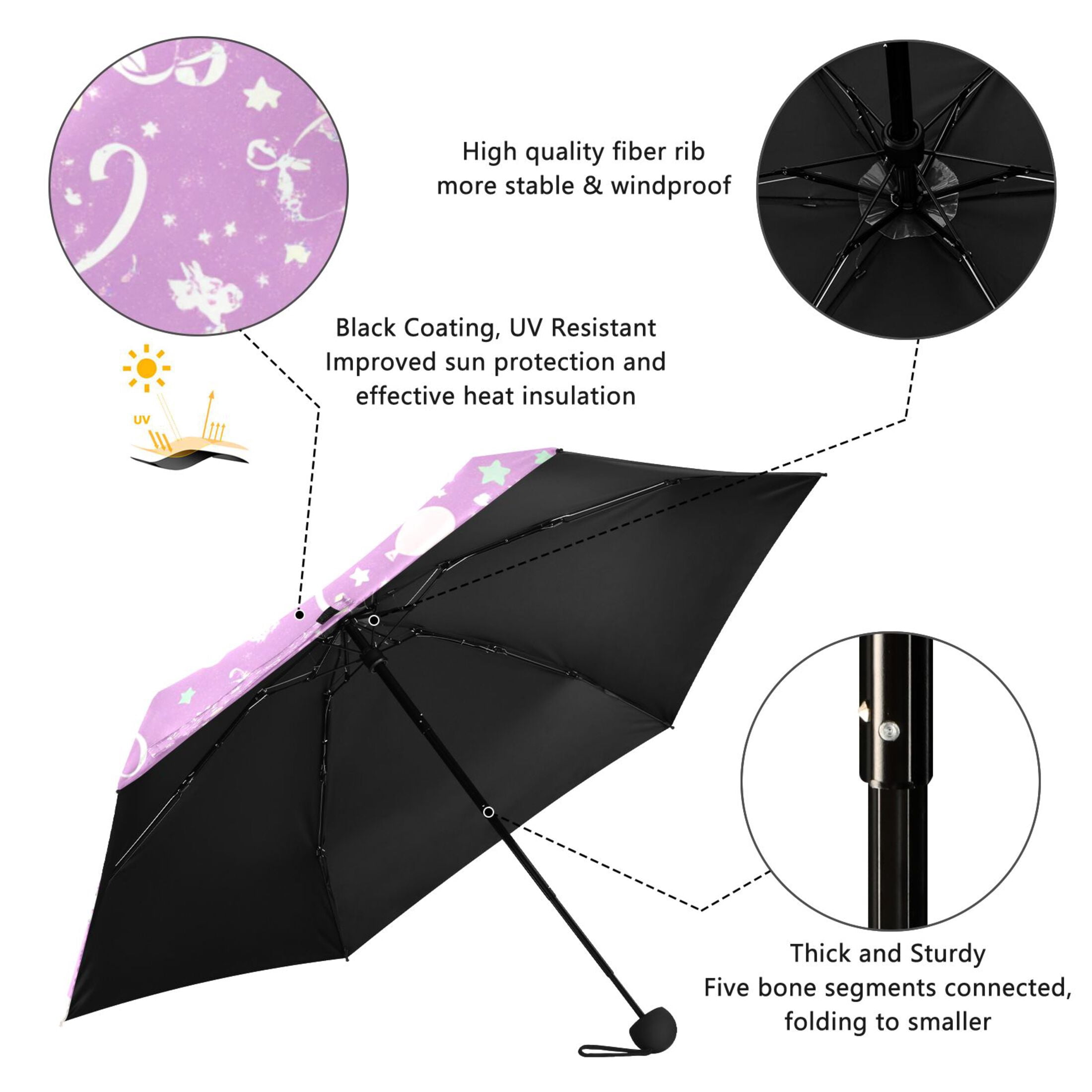 Pink Elements Pattern Umbrellas for Sun Auto Open Close UV50+ Waterproof 5-Fold Compact Fiberglass Frame