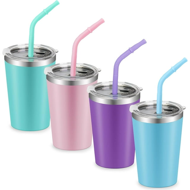 Kids Tumblers with Lids and Straws, 4 Pack Stainless Steel Cups with Lids for Kids Spill Proof, 12oz Double Wall Vacuum Insulated Cups for kids and Adults