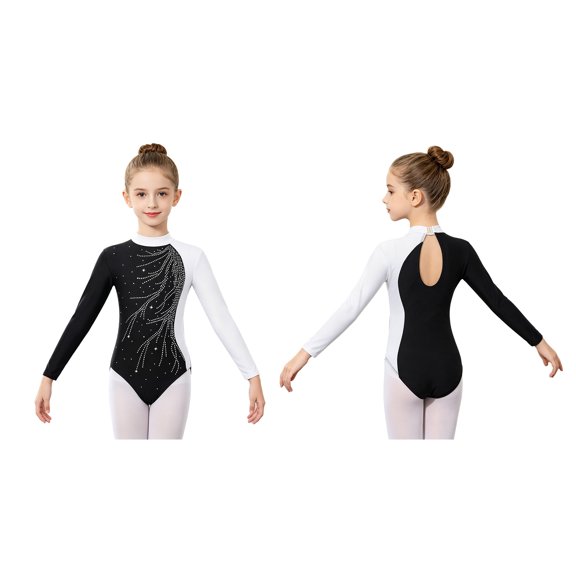 Aislor Girls Rhinestone Mock Neck Long Sleeve Yoga Gymnastics Leotard Skating Jumpsuit Ballet Dance Bodysuit White 6