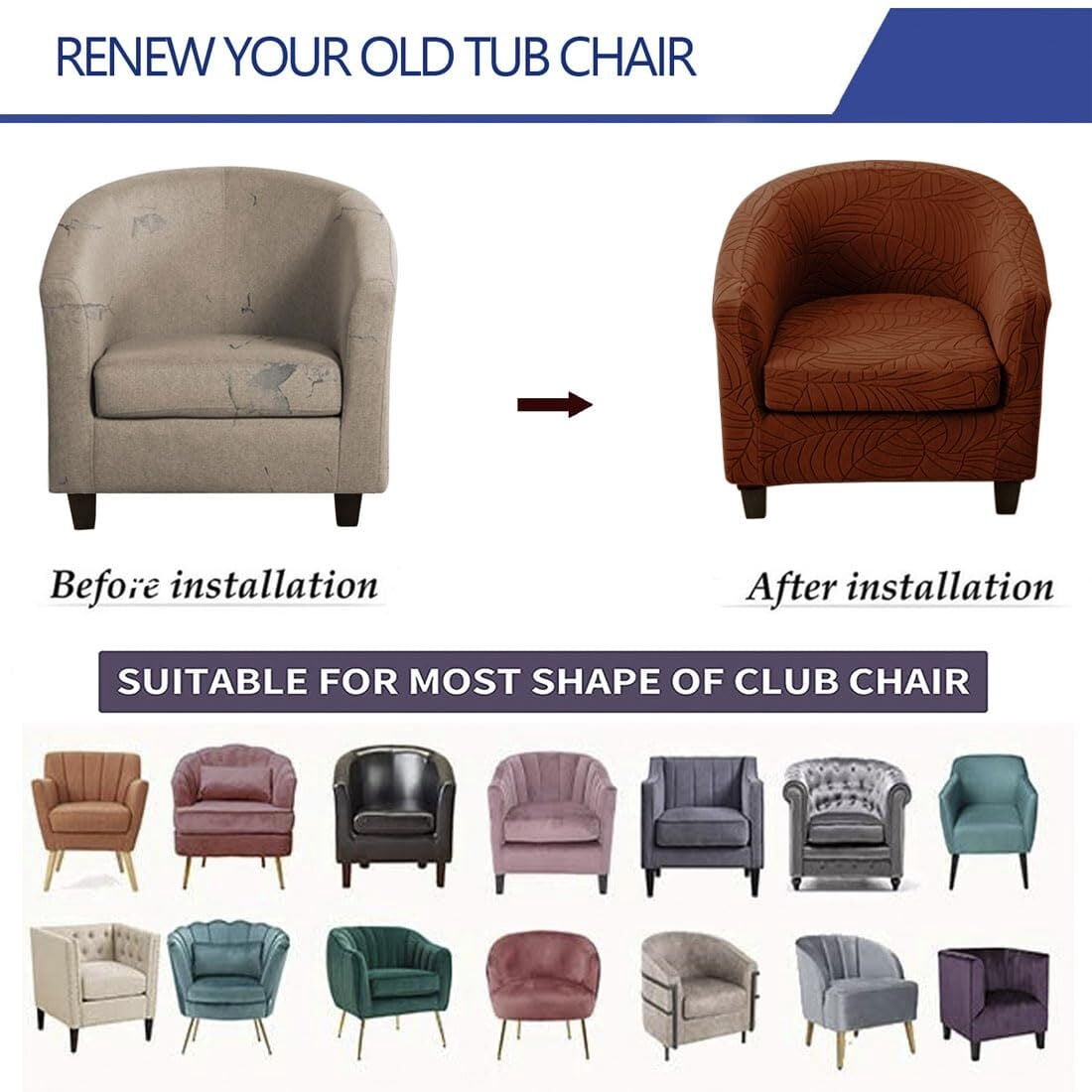 LKJYER Club Chair Covers Slipcover 2 Piece, Leaf Jacquard Stretch Tub Chair Cover Barrel Chair Covers Soft Armchair Sofa Cover Couch Furniture Protector