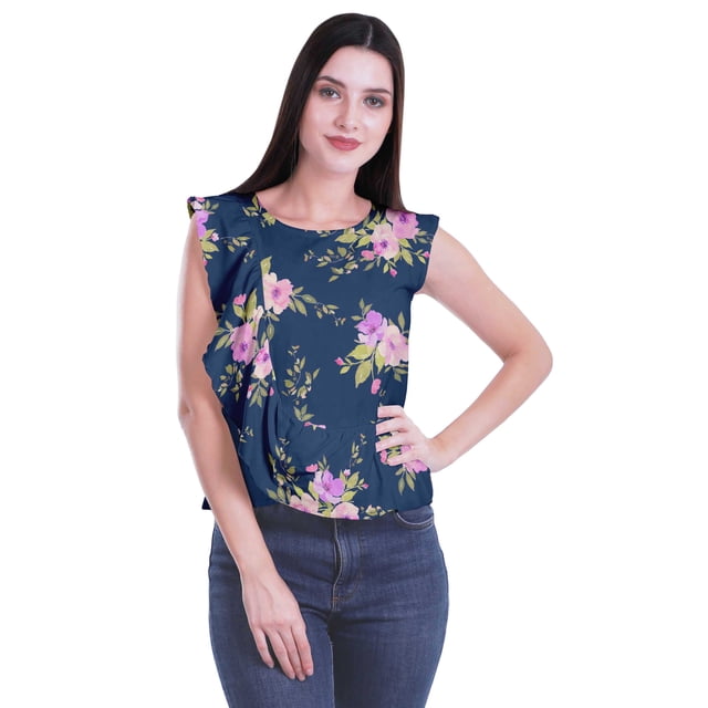 Moomaya Haut Sans Manches à Col Rond à Volants Imprimé Crop Top Décontracté Robes d'Été