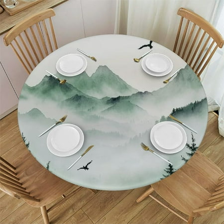 

Sheronv Birds Fog Round Table Cover Stain Resistant Washable for Indoor Outdoor Kitchen Dining Parties Decor 100% Polyester 31 -35