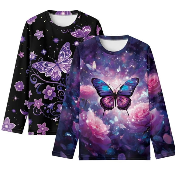 Psesaysky 2 Pack Purple Butterfly Floral Girls Long Sleeve Shirts 11-12 Years Soft Long-Sleeve T-Shirts Casual Basic Tees for Teen Girls Youth Winter Cloth