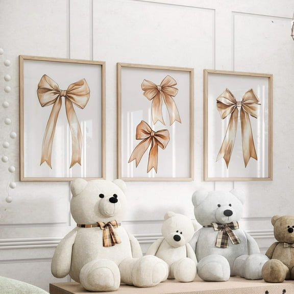 Luvia Beige Bow Prints Nursery Set Of 3 Wall Art Poster Or Print, Cream Brown Bow Minimalist Girls Room Decor, Trendy Bow Poster, Modern Wall Decor Set 3 Prints 8x12 UNFRAMED