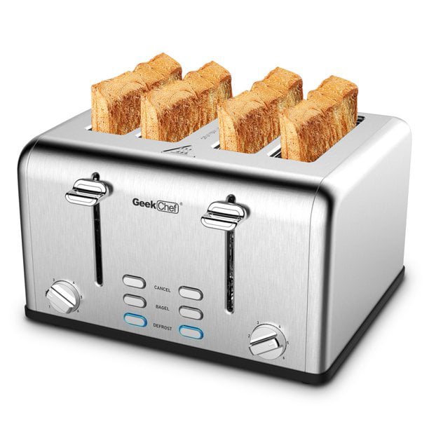 IKICH Stainless Steel Bread Toaster 2 LCD Countdown Timer Toaster 4 Slice Dual Independent Control Panels, 6 Toast Settings, Bagel/Defrost/Cancel Function, Wide Slot, 1500W, Silver Bagel Toaster 