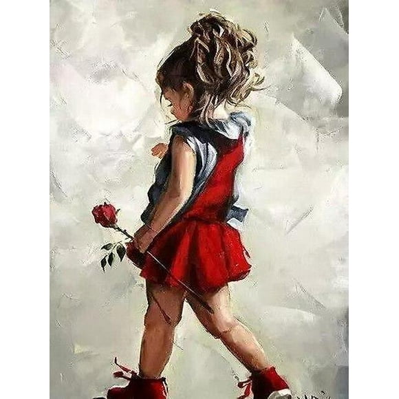Dww-30 X 40 Cm ,petite Fille En Robe Rouge Diamond Painting Broderie Diamant Peinture Canevas 5d Tableau Enfant Adulte Strass Lot Puzzle Dessin Decor