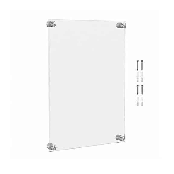 Floating Sign Holder Wall Frame Clear Acrylic 11 x 17 with Silver Standoffs Overall Dimensions: 15" x 21" Peel Protective Film Campus Lobby Directory Office Sign Display Decor