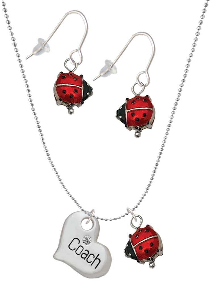 Delight Jewelry Silvertone Large ''Coach'' Heart Red Lucky Ladybug Necklace  and Dangle Earrings Set 
