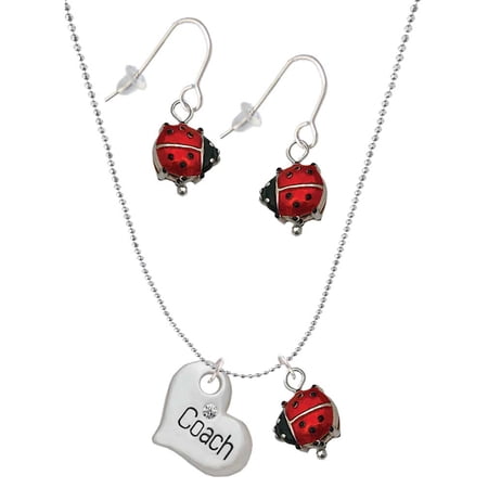 Delight Jewelry Silvertone Large Coach Heart Red Lucky Ladybug Necklace and Dangle Earrings Set Delight Jewelry Silvertone Large Coach Heart Red Lucky Ladybug Necklace and Dangle Earrings Set