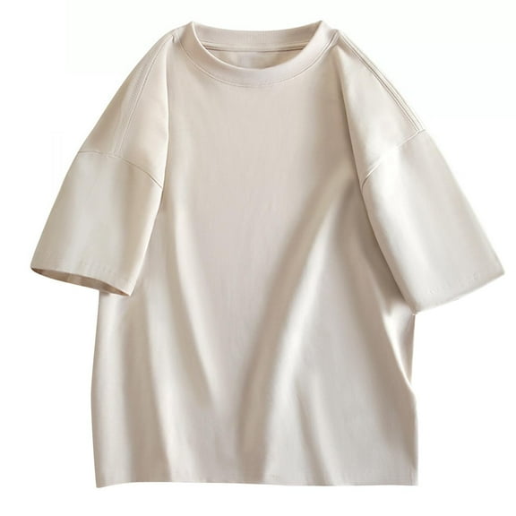 HOOMEUMY Men's Summer Round Neck Short Sleeve T-Shirt Baggy Loose Solid Color Tee Shirt Femme Oversized Cotton Tunic Tops Beige XXXXL
