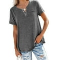 thumbnail image 1 of MAWCLOS T-Shirt pour Femmes Couleur Unie Col en V Tee Confortable Rue Manches Courtes Blouse Gris Foncé L, 1 of 7