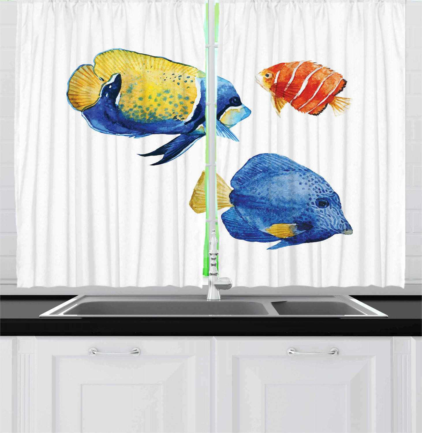 Fish Curtains 2 Panels Set, Tropical Aquarium Life Discus Fish and