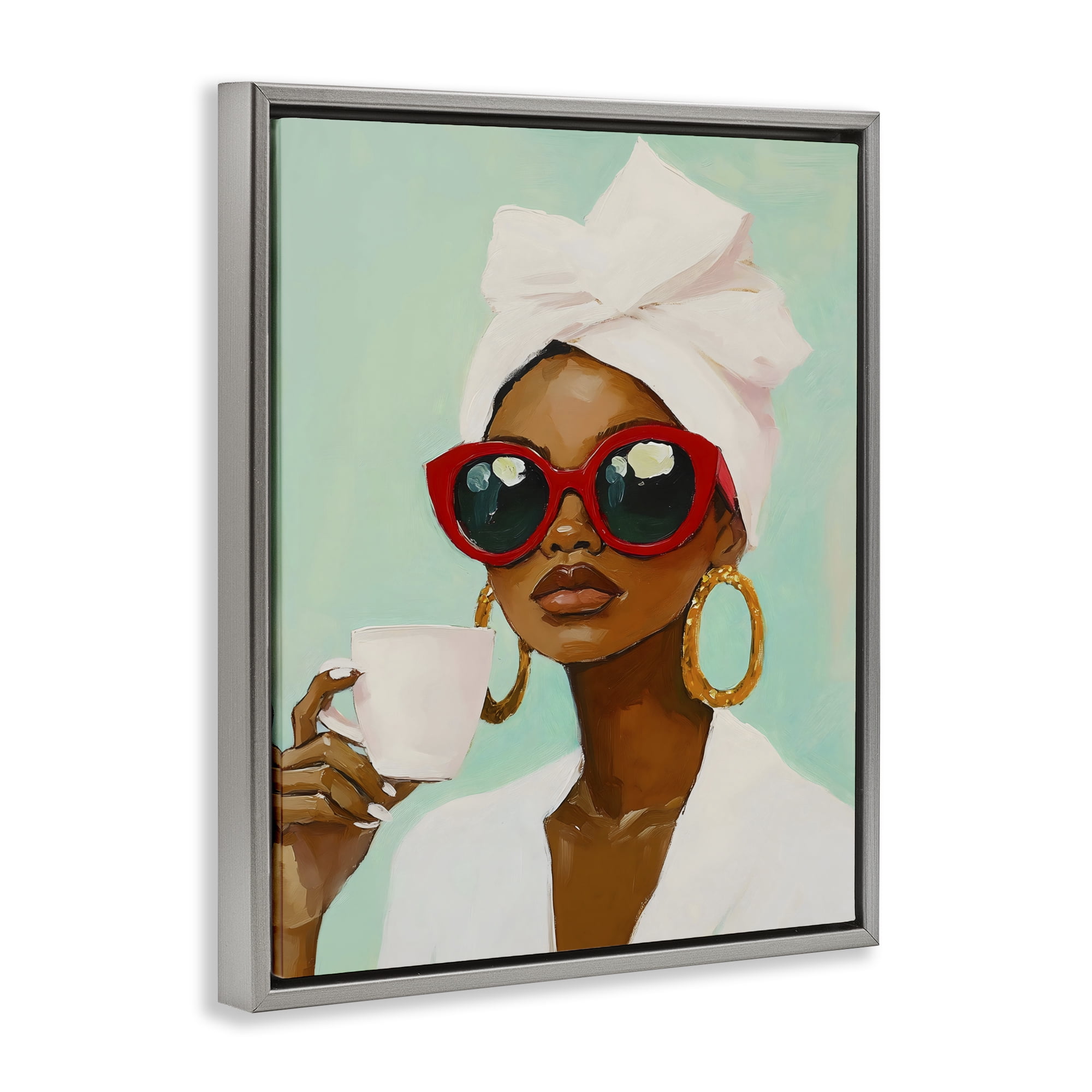 Stupell Industries Coffee Lover in Red Sunglasses Gray Framed Floater Canvas Wall Art, design by The Prints Vibe