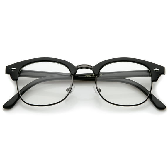 Retro Horn Rimmed Metal Nose Bridge Clear Lens Half Frame Eyeglasses 49mm (Black-Gunmetal / Clear)