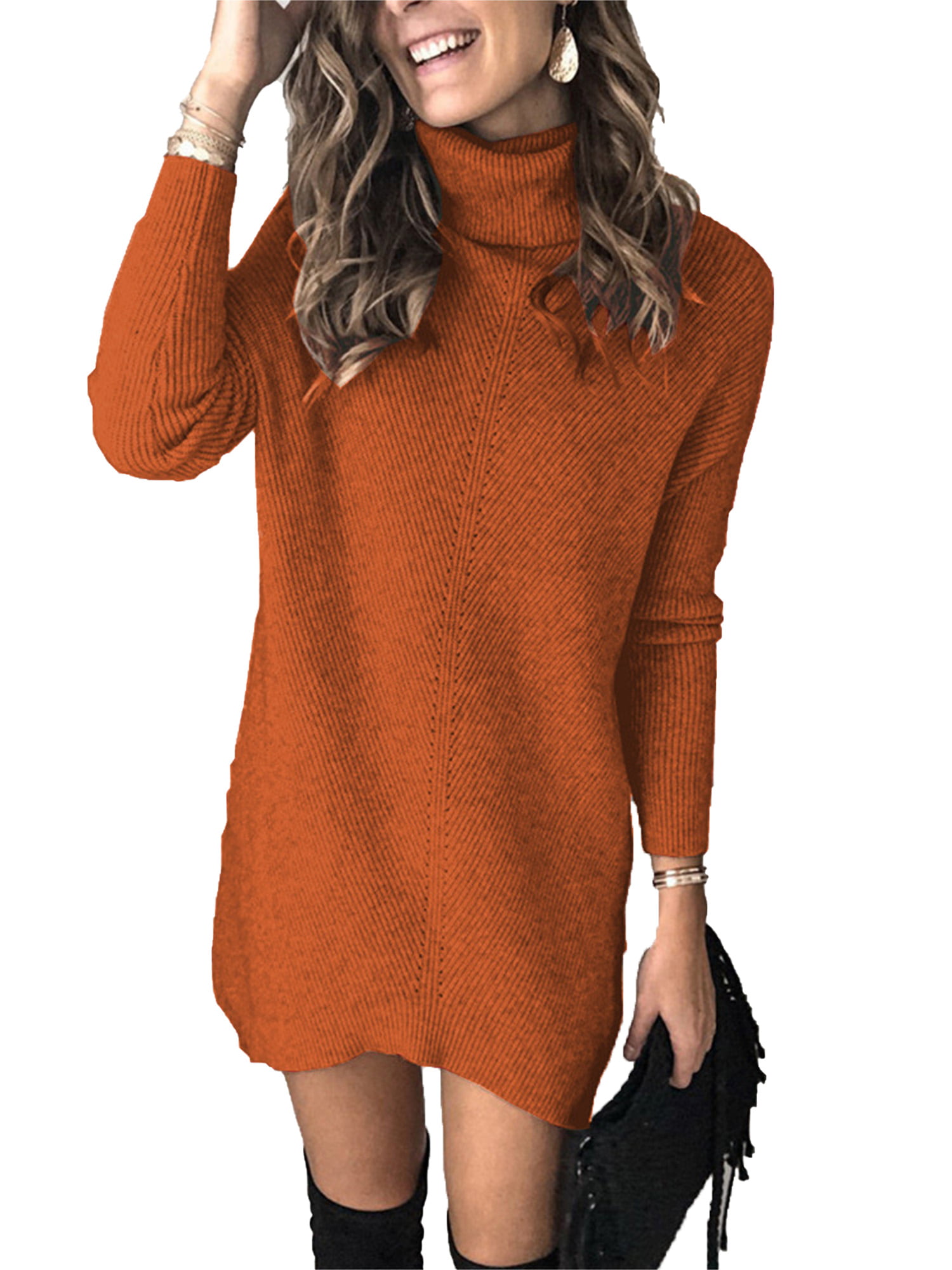 Mini Sweater Turtleneck Pullover Dress Knitted Jumper Long Sleeve Womens 