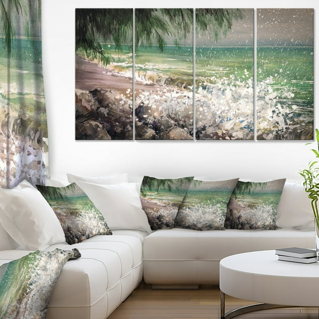 Design Art Rocheuse avec Vagues Blanches Grande Impression sur Toile, 20x12 Pouces, Blanc