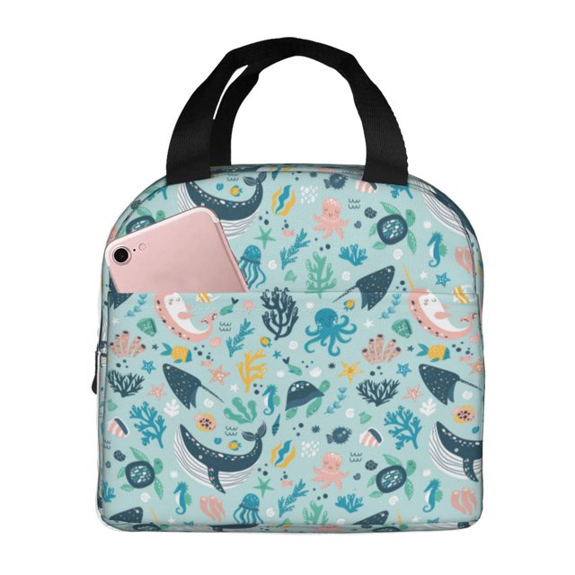 Fotbe Sea Animal Bolsa Térmica con Estampado y Forro de Aluminio Grueso Bolsa de Almuerzo con Bolsillo Frontal para Hombres y Mujeres, Ideal para Trabajo, Escuela