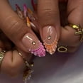 thumbnail image 3 of Colorful French Tip Press on Nails - Medium Almond Fake Nails with 3D Flower Ocean Designs, Glossy Finished Reusable False Nails with Adhesive Glue Tabs - 24Pcs Nail Kit for Women Manicure, 3 of 8