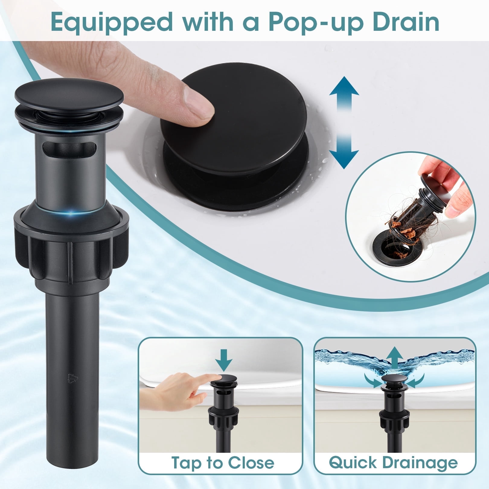 Wowkk Sanitary Ware Single Handle Bathroom Sink Faucet Modern SUS304 Stainless Steel Bathroom Faucet with Pop-up Drain and Water Supply Line, Faucets for Bathroom Vanity RV Sink, Matte Black
