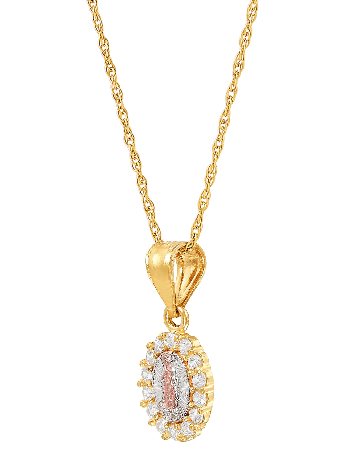 Brilliance Fine Jewelry Childrens 10K Yellow and Rose Gold with Rhodium Oval Guadalupe Pendant with Cubic Zirconia on 14" Gold Filled Chain