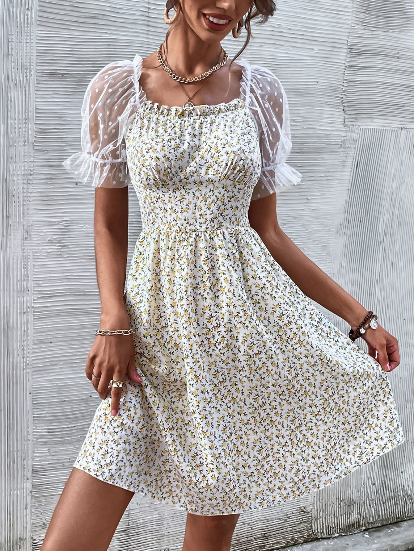 Boho Women's Ditsy Floral Sheer Mesh 