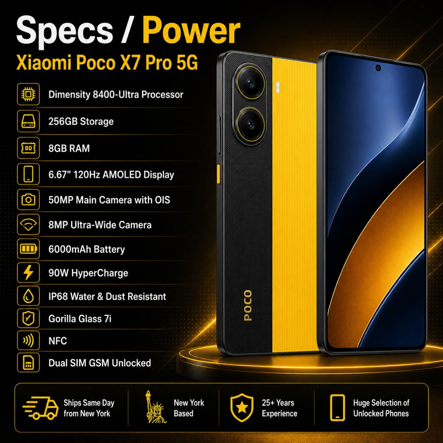 Xiaomi Poco X7 PRO 5G 256GB ROM 8GB RAM Dual SIM GSM Unlocked - Yellow