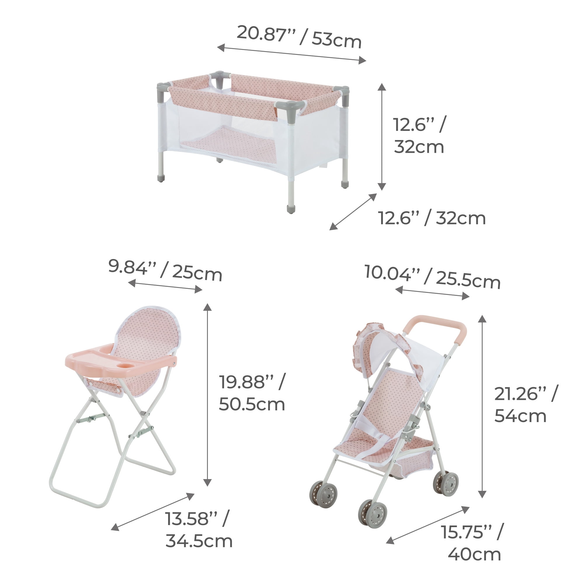Olivia's Little World, Baby Doll Nursery Set, 3pc Pink & Gray